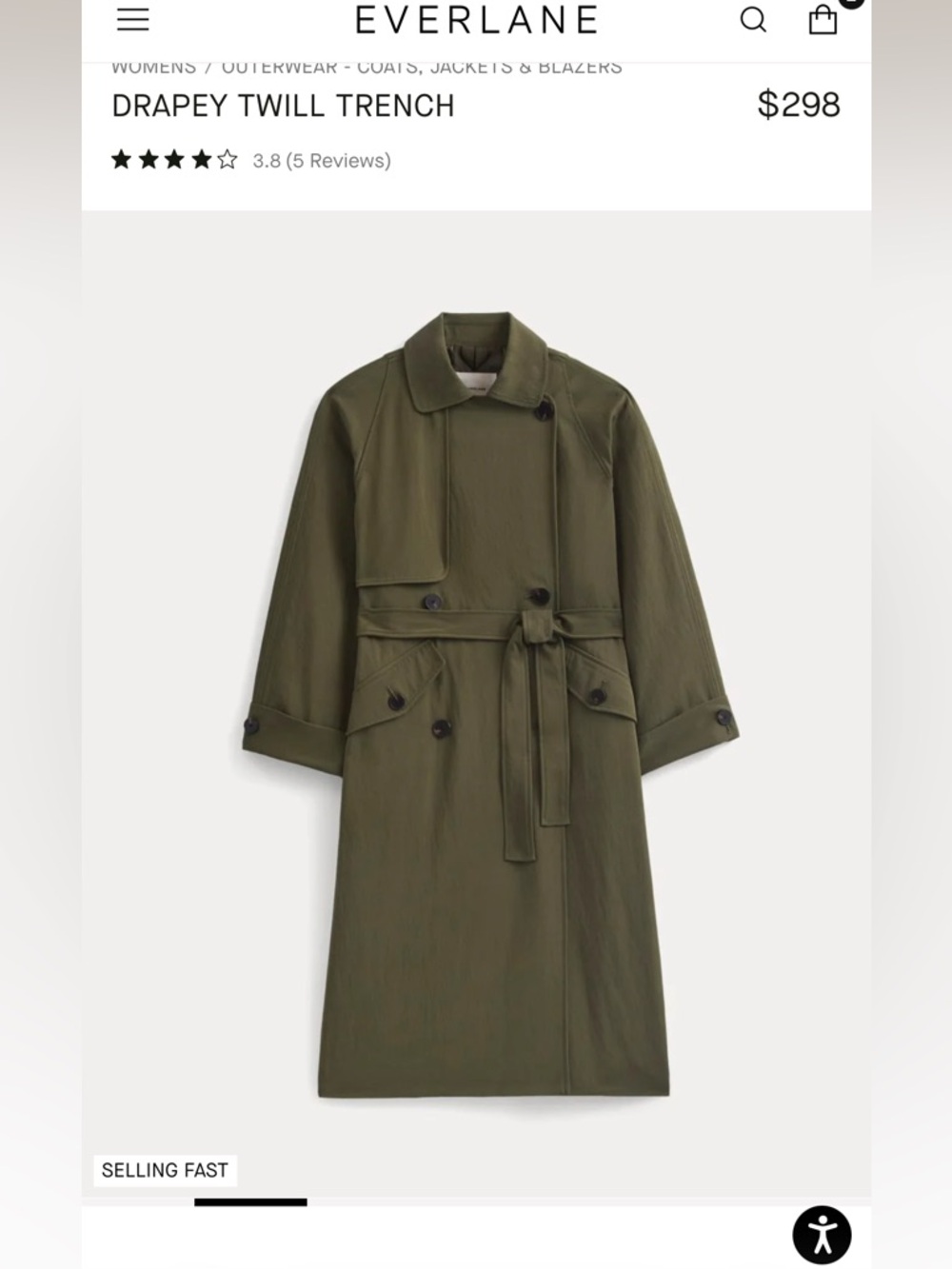 Everlane Drapey Twill Trench Coat - Olive Night